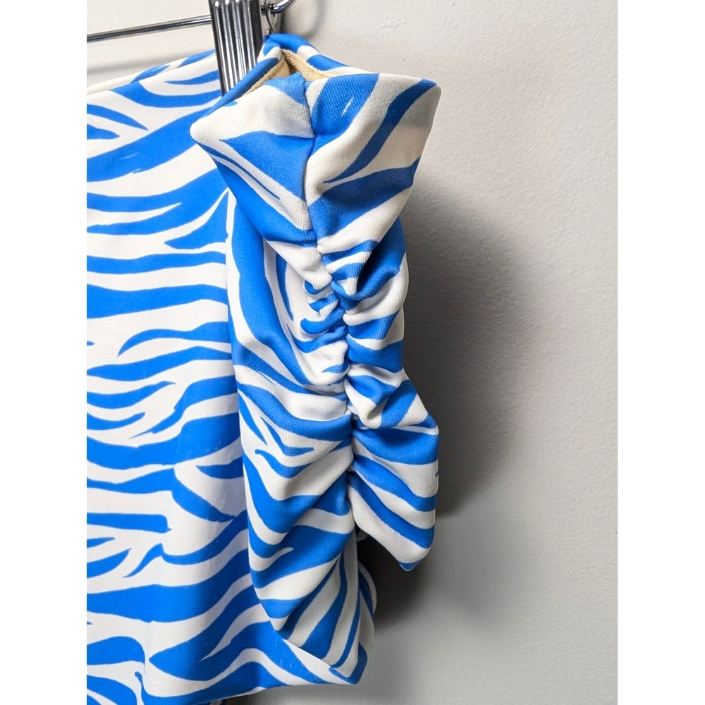 Blue White Zebra Print High Waisted Bikini Set Twist Front Ruched Swimsuit - Picture 9 of 10